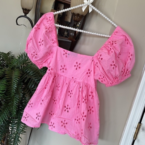 ASOS Bubblegum Pink Eyelet Puff Sleeve Top Ruffle Barbiecore 100% Cotton - Picture 11 of 14